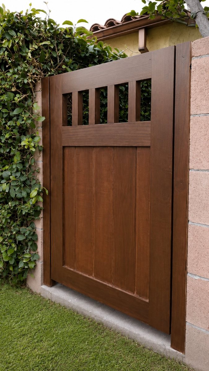 Restained custom wood gate with iron hinges