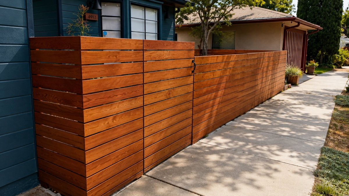 Horizontal cedar fence with driveway gate