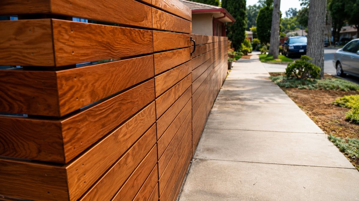 Modern horizontal cedar fence street view